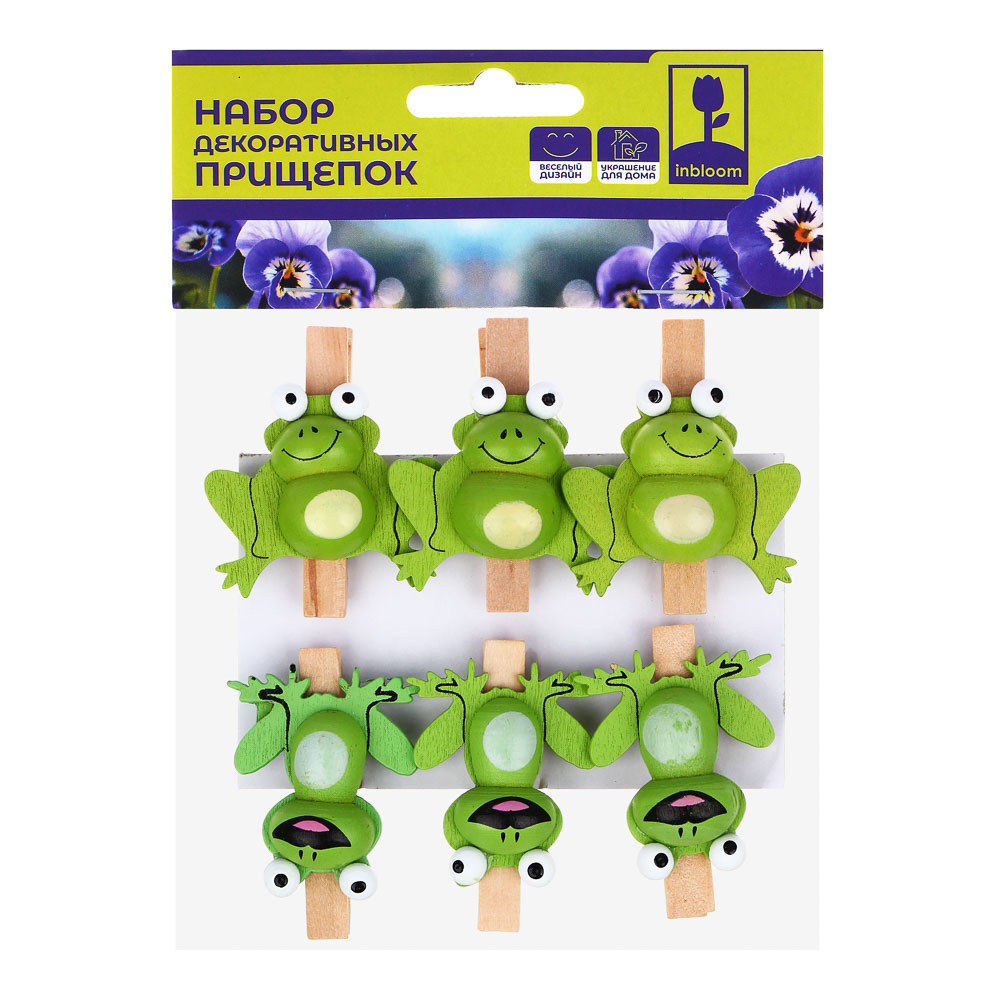 INBLOOM Набор декоративных прищепок Лягушка 6шт., 4.5см, дерево, арт.№ 153-173