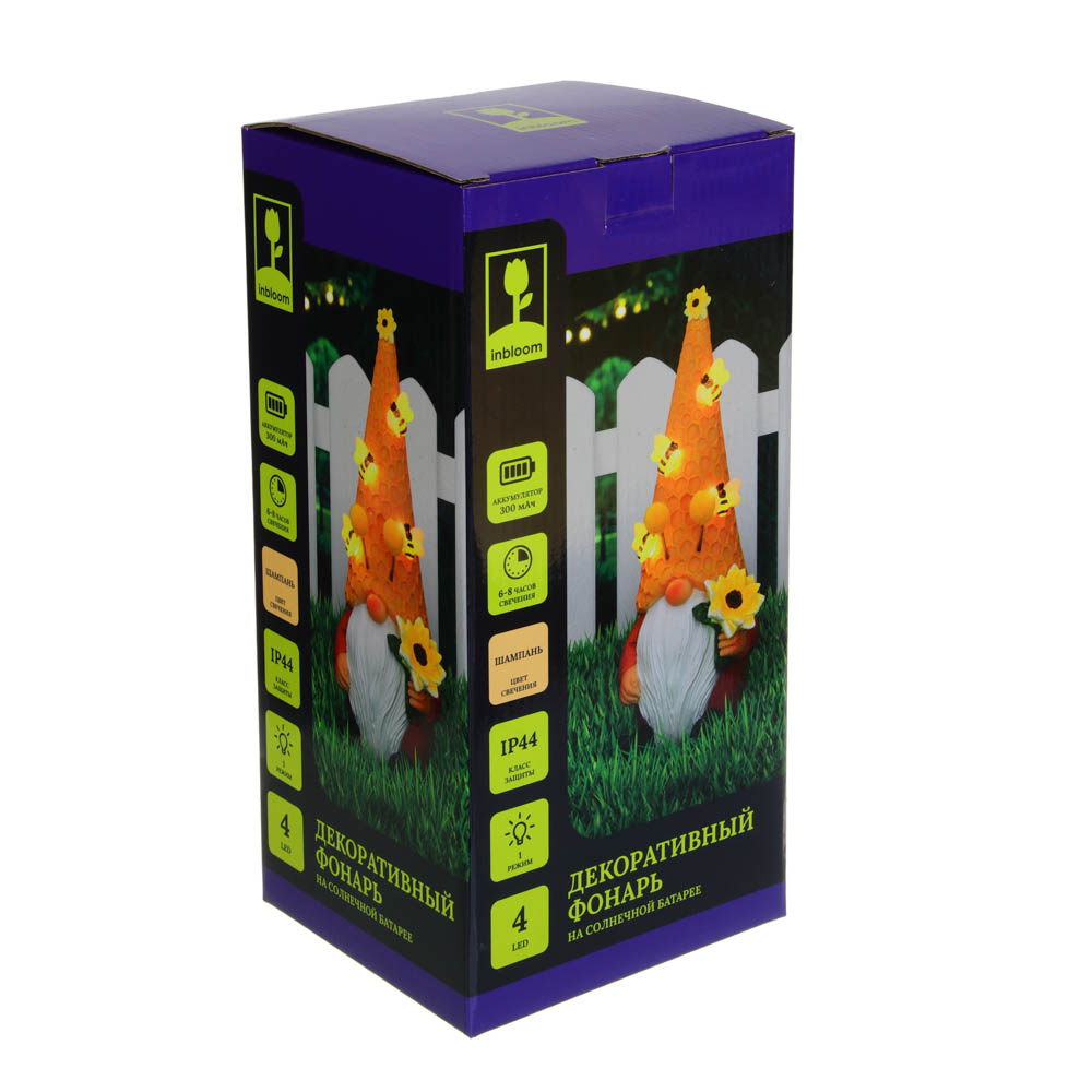 INBLOOM Фонарь на солн.батарее, 10х10х25.5см,  4LED, шампань, 1.2V AA Ni-MH 300mAh, 1 реж, полистоун, арт.№ 475-335