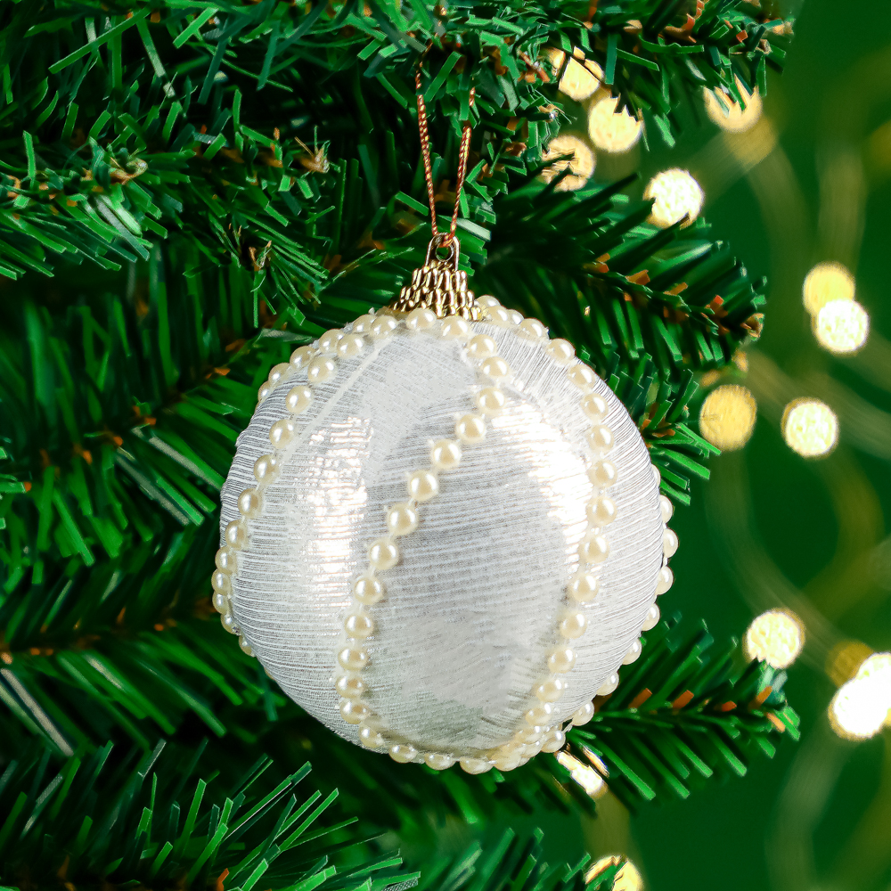СНОУ БУМ Подвеска, в форме шара с декором, 8 см, пенопласт, текстиль, цвет белый жемчуг, арт.№ 374-475