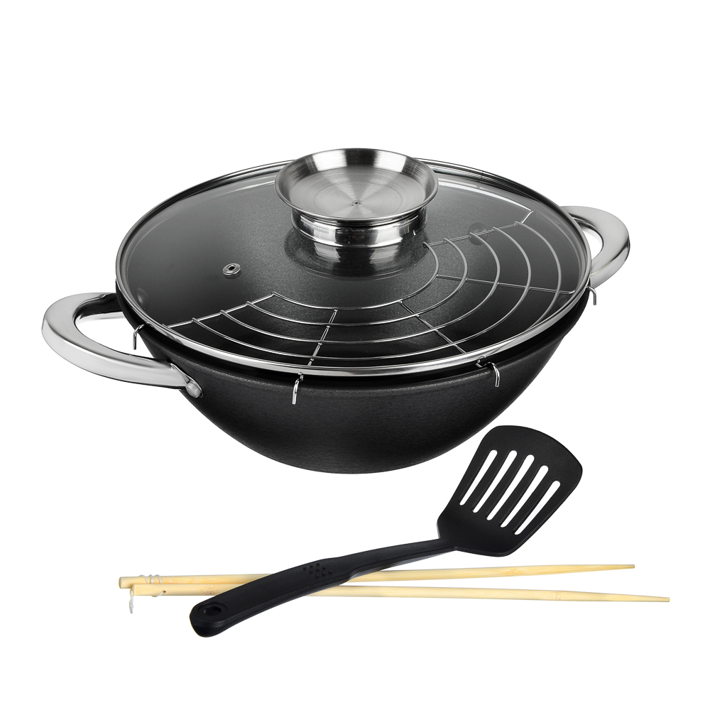 SATOSHI Казан чугун,30см,4,4л,антипр.покр,решетка,стекл.крыш,нейлон.лопатка,бамб.палочки,индукция, арт.№ 808-031