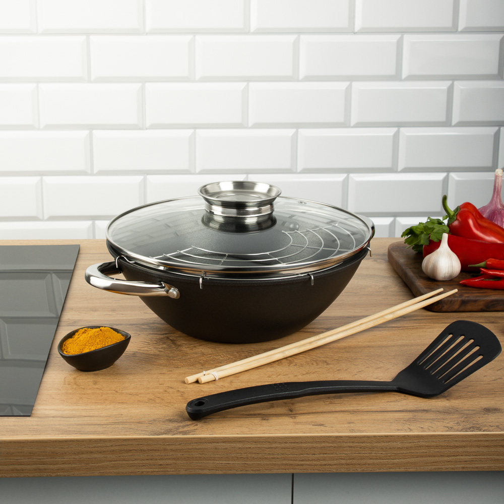 SATOSHI Казан чугун,30см,4,4л,антипр.покр,решетка,стекл.крыш,нейлон.лопатка,бамб.палочки,индукция, арт.№ 808-031