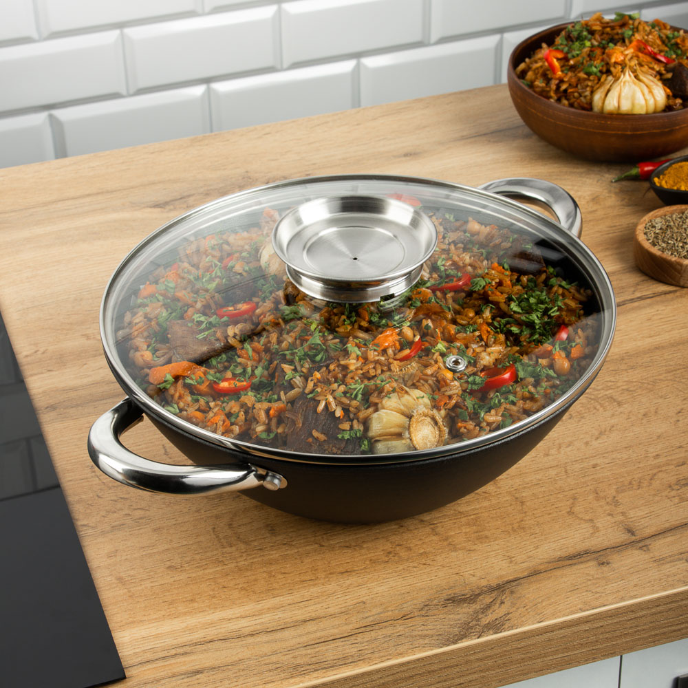 SATOSHI Казан чугун,30см,4,4л,антипр.покр,решетка,стекл.крыш,нейлон.лопатка,бамб.палочки,индукция, арт.№ 808-031