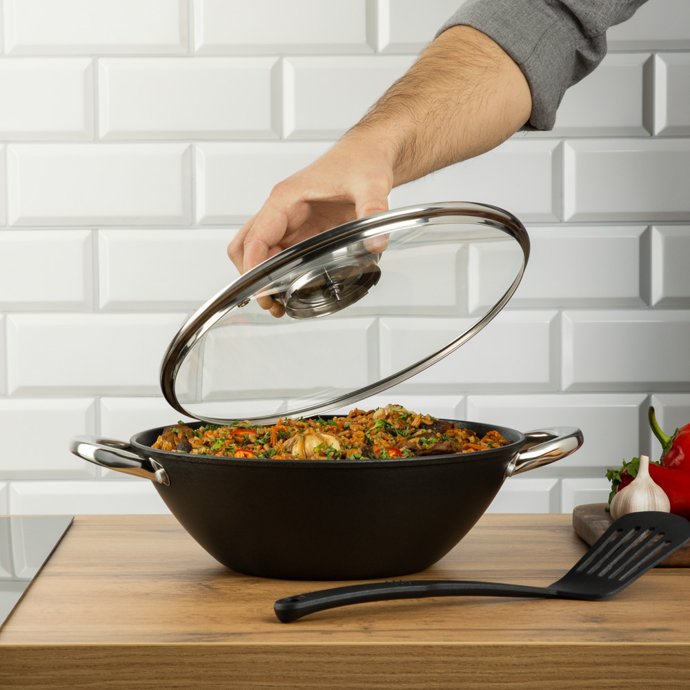 SATOSHI Казан чугун,30см,4,4л,антипр.покр,решетка,стекл.крыш,нейлон.лопатка,бамб.палочки,индукция, арт.№ 808-031