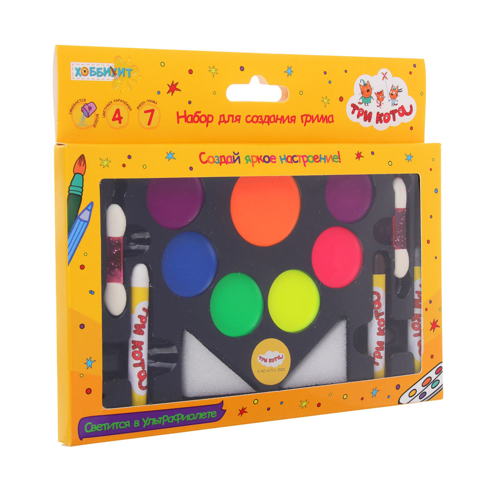 ХОББИХИТ Набор грима "ТРИ КОТА", 11 цветов, апплик. в комплекте, 19х16см, масляный грим, пластик, арт.№ 284-298