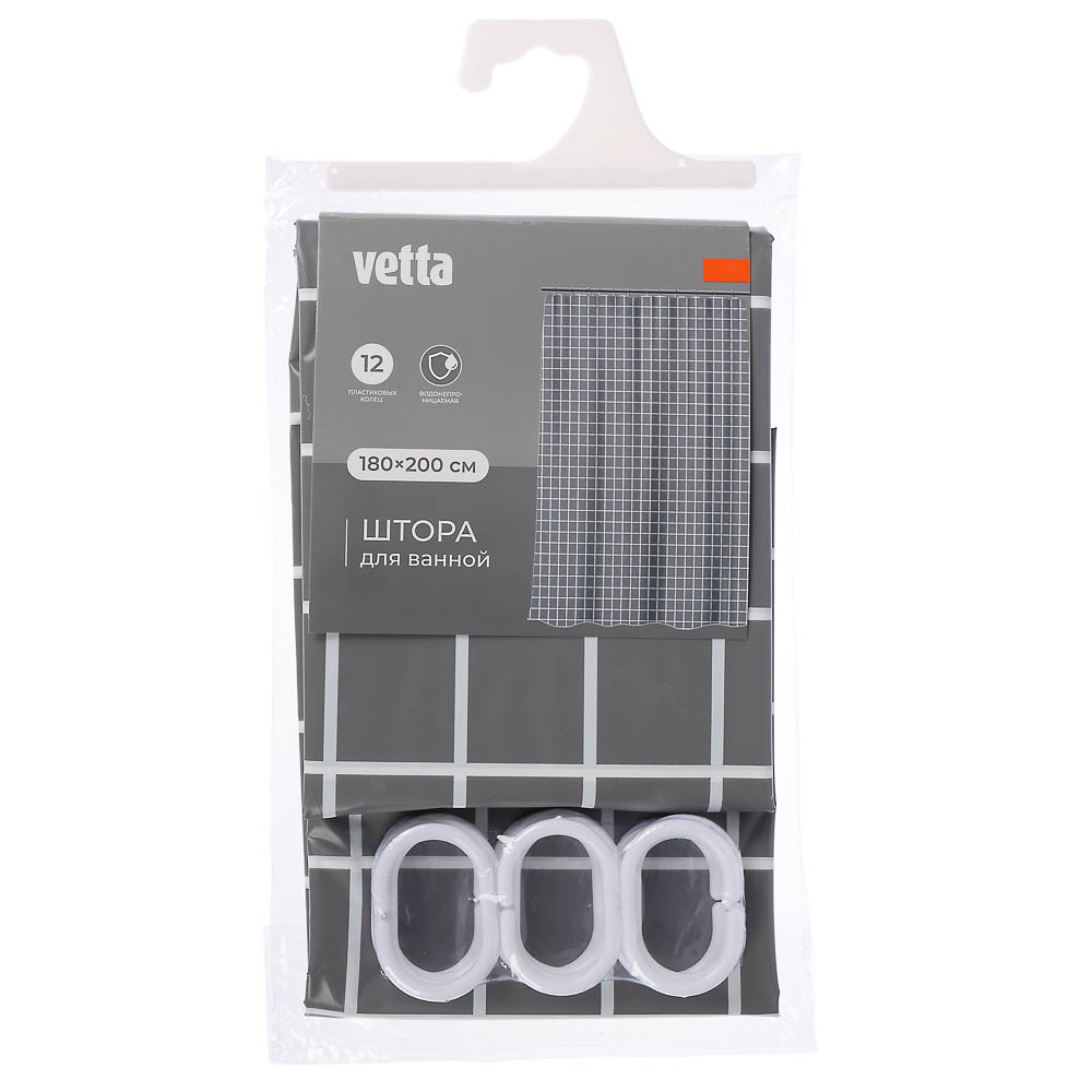 Шторка для ванной тм VETTA Квадро, ПЕВА 60г/м2, 180x200см, серый цвет, арт.№ 461-650
