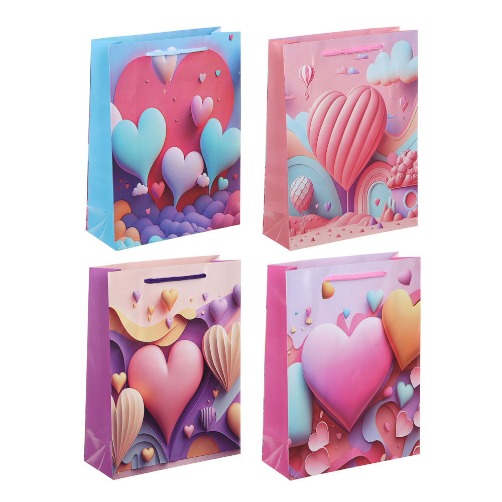 Пакет подарочный бумажный, M 18x24x7 см, сердца, 128 гр, 4 дизайна, арт.№ 570-025
