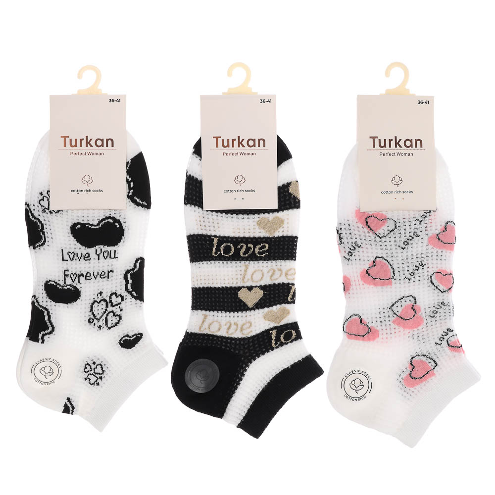 Носки женские короткие с рисунком, тм Turkan, р. 36-41, 90%хлопок,8% п/а, 2%лайкра,разноцветные,6460, арт.№ 019-565