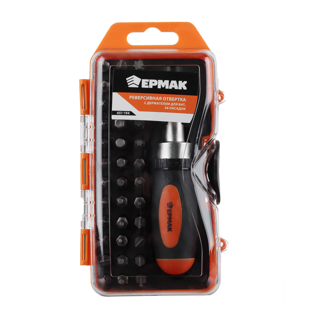 ЕРМАК Реверсивная отвертка с держателем для бит, 36 бит, АБС пластик, сталь, арт.№ 651-194