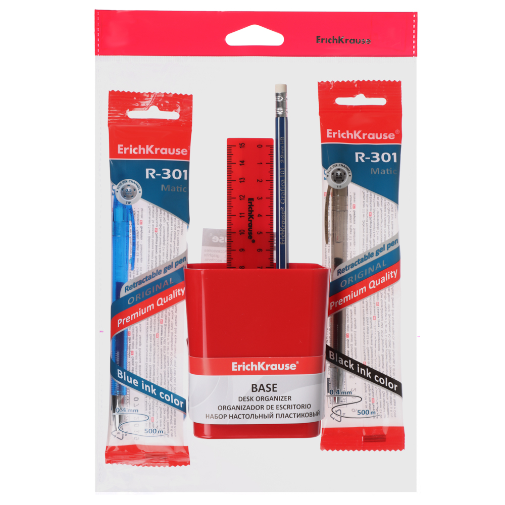 Erich Krause Набор канцелярский, 5 предметов: 2 ручки, карандаш, линейка, пл.стакан, 55687, 55688, арт.№ 234-066