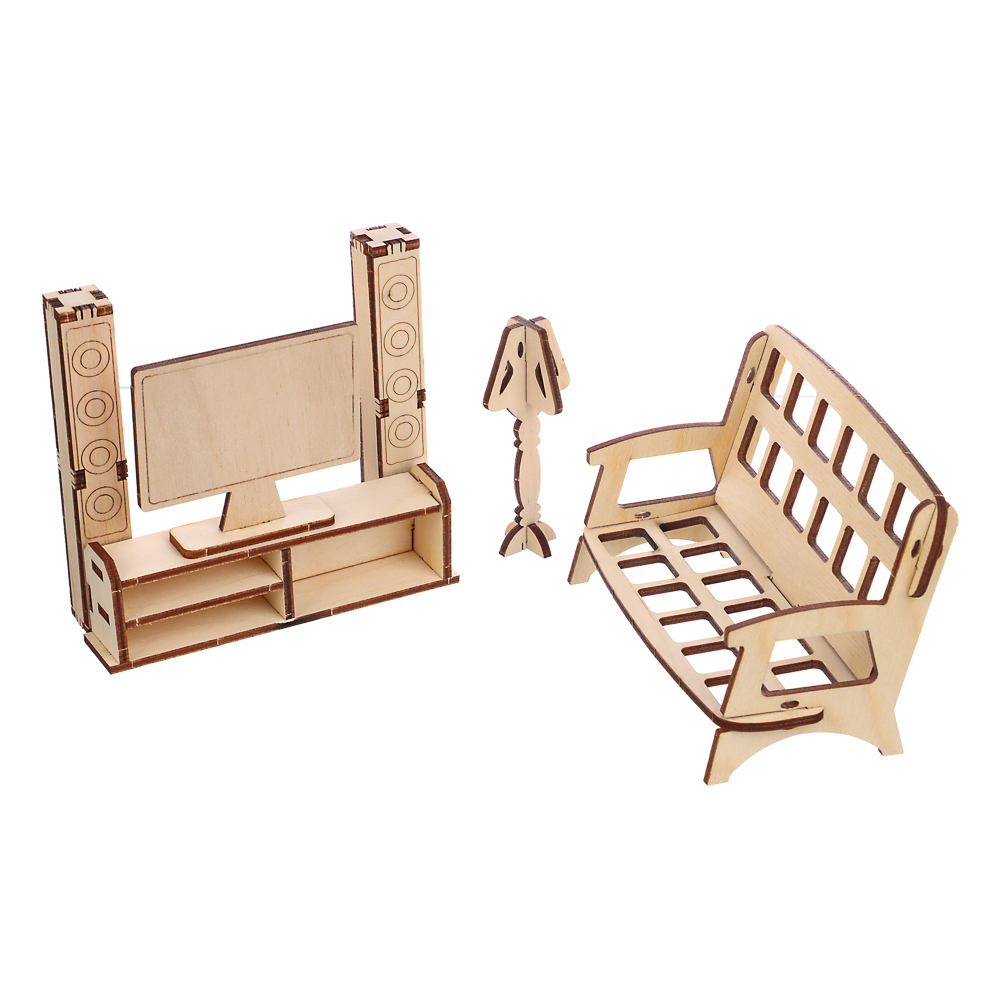 Мебель для кукол Спальня/Кухня/Детская/Ванная/Кабинет/Гостиная, фанера, 21х15х4см, 6 дизайнов, арт.№ 278-080