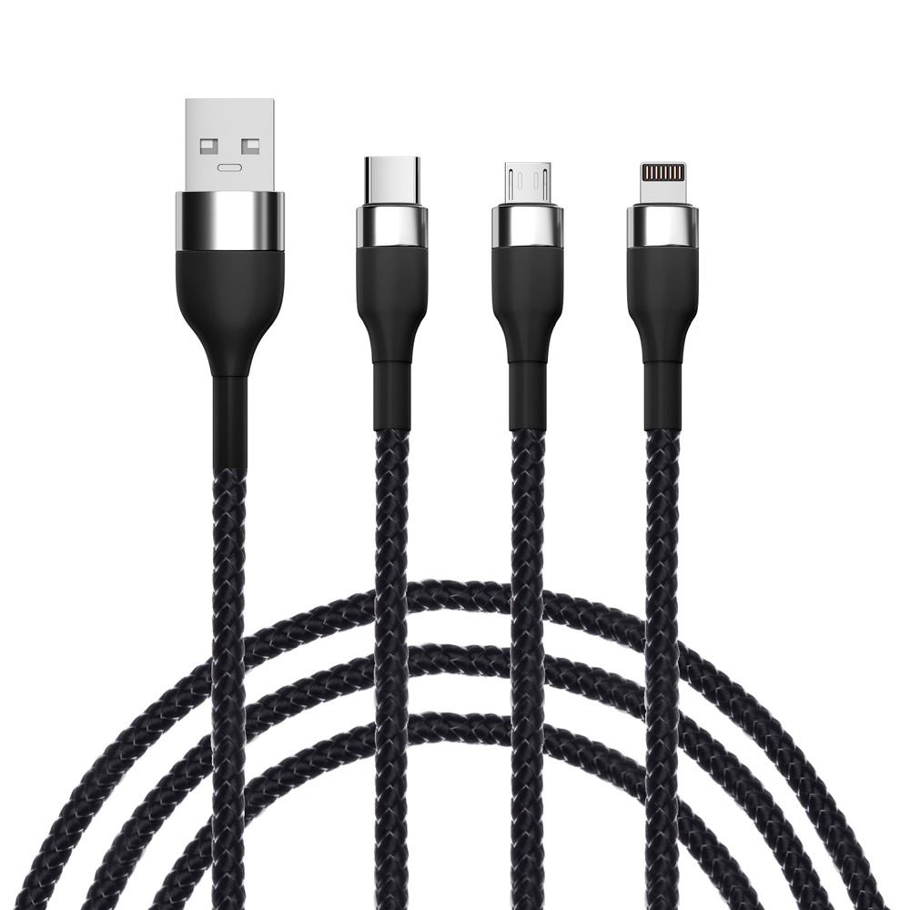 Кабель для зарядки 3в1 iP/microUSB/Type-C BY, 1.5м, 2.1А, тканевая оплётка, металлик, черный, арт.№ 931-222