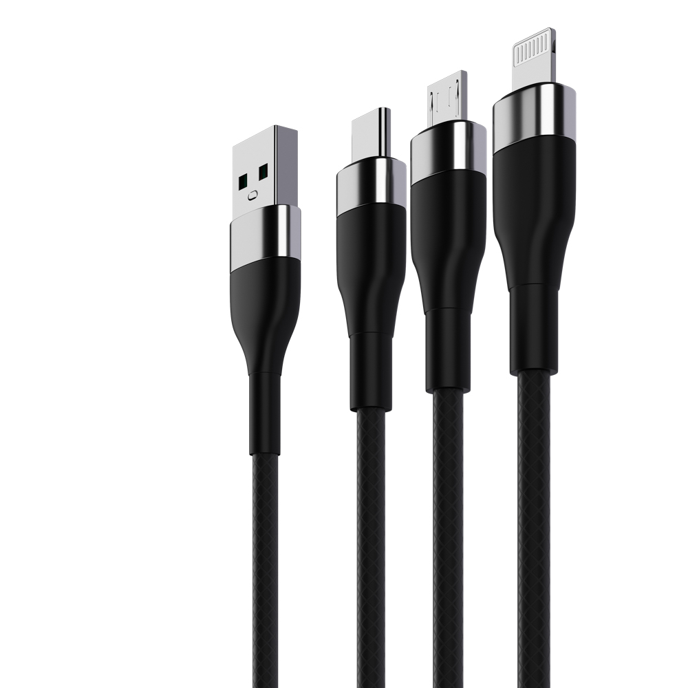 Кабель для зарядки 3в1 iP/microUSB/Type-C BY, 1.5м, 2.1А, тканевая оплётка, металлик, черный, арт.№ 931-222