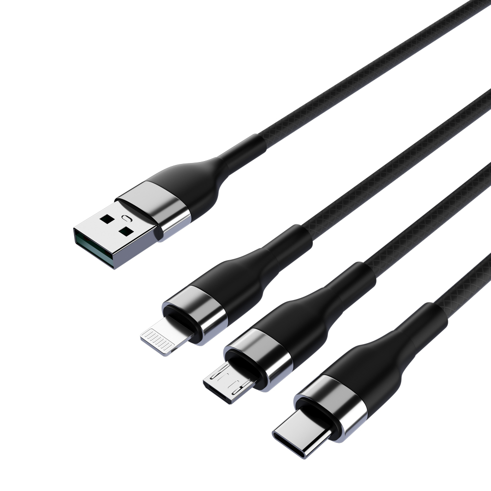 Кабель для зарядки 3в1 iP/microUSB/Type-C BY, 1.5м, 2.1А, тканевая оплётка, металлик, черный, арт.№ 931-222