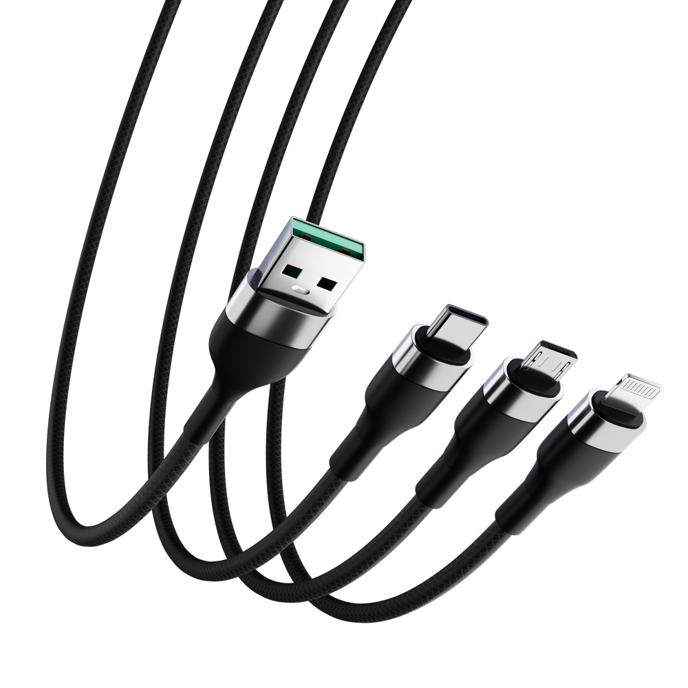 Кабель для зарядки 3в1 iP/microUSB/Type-C BY, 1.5м, 2.1А, тканевая оплётка, металлик, черный, арт.№ 931-222