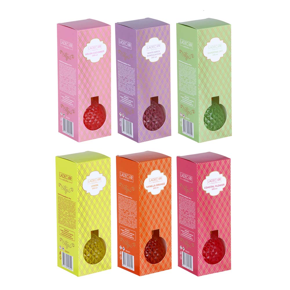 LADECOR Аромадиффузор,100мл, лимон, ваниль апельс., гардения,береза сандал,огурец дыня,тропич. цв., арт.№ 412-211