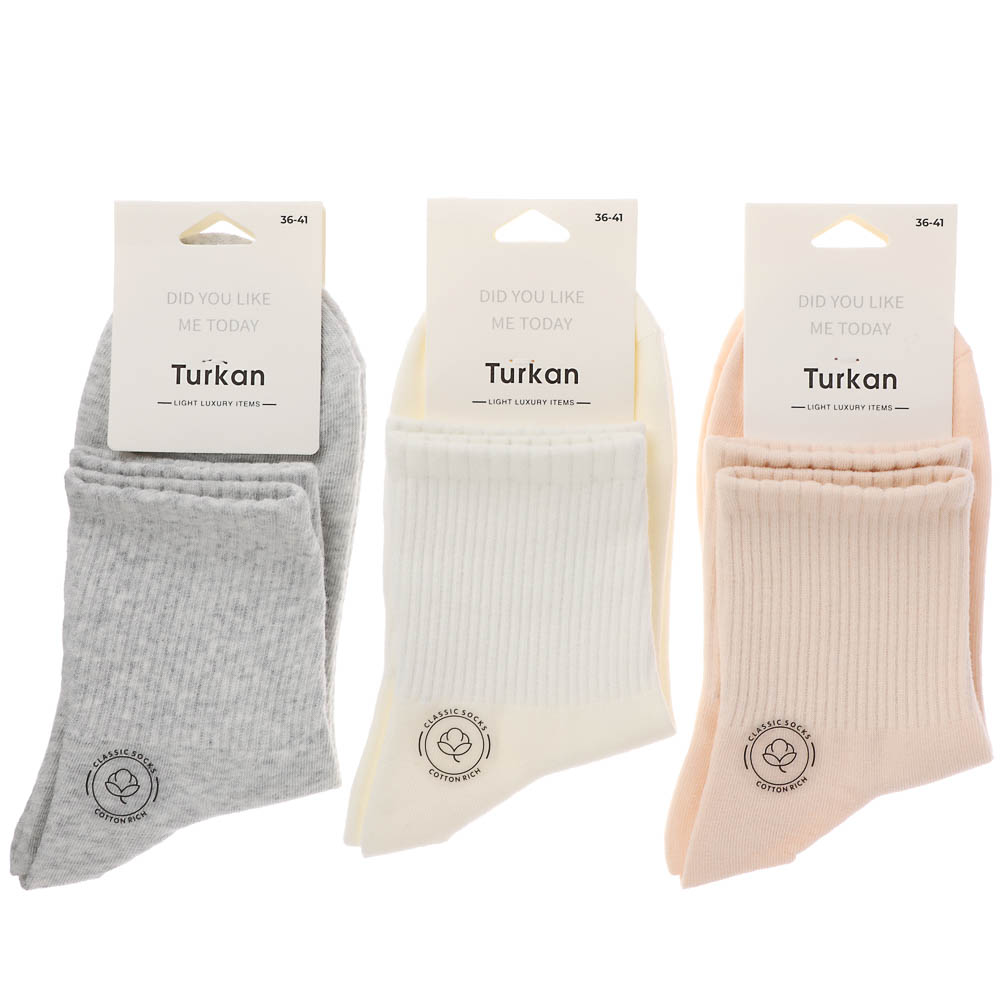 Носки женские высокие в рубчик, тм Turkan, р. 36-41, 90%хлопок, 8% п/а, 2%лайкра,цвета в ас-те,7158, арт.№ 019-567