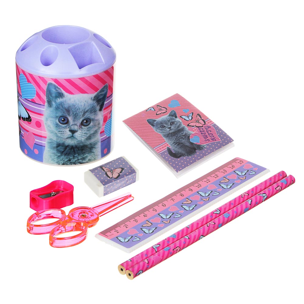 Свит Китти Набор канц.в стакане, 8 предметов: линейка,2 карандаша, точилка, ластик, ножницы, блокнот, арт.№ 234-026