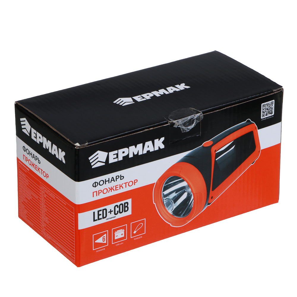 Фонарь прожектор тм ЕРМАК, LED + COB, 6 режимов, 2400мАч, Type-C кабель, 9х9х20см, пластик, арт.№ 223-073