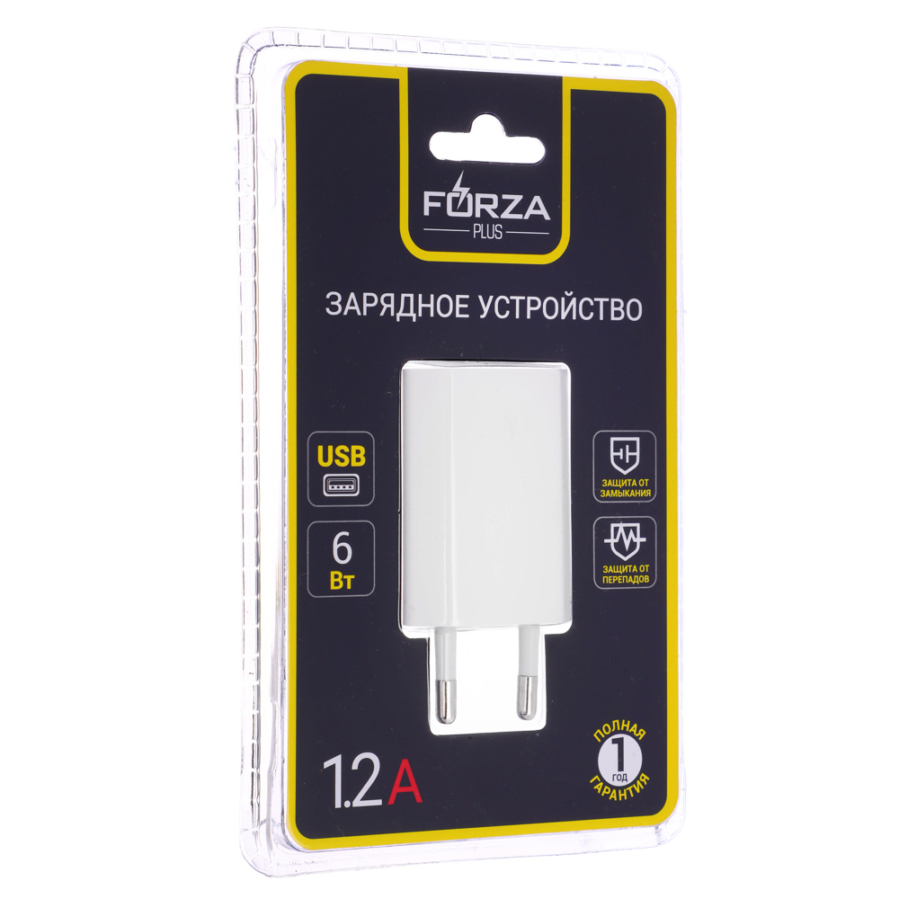 Сетевое зарядное устройство FORZA Комфорт, 1xUSB, 1.2А, 5В, Белый, арт.№ 916-151