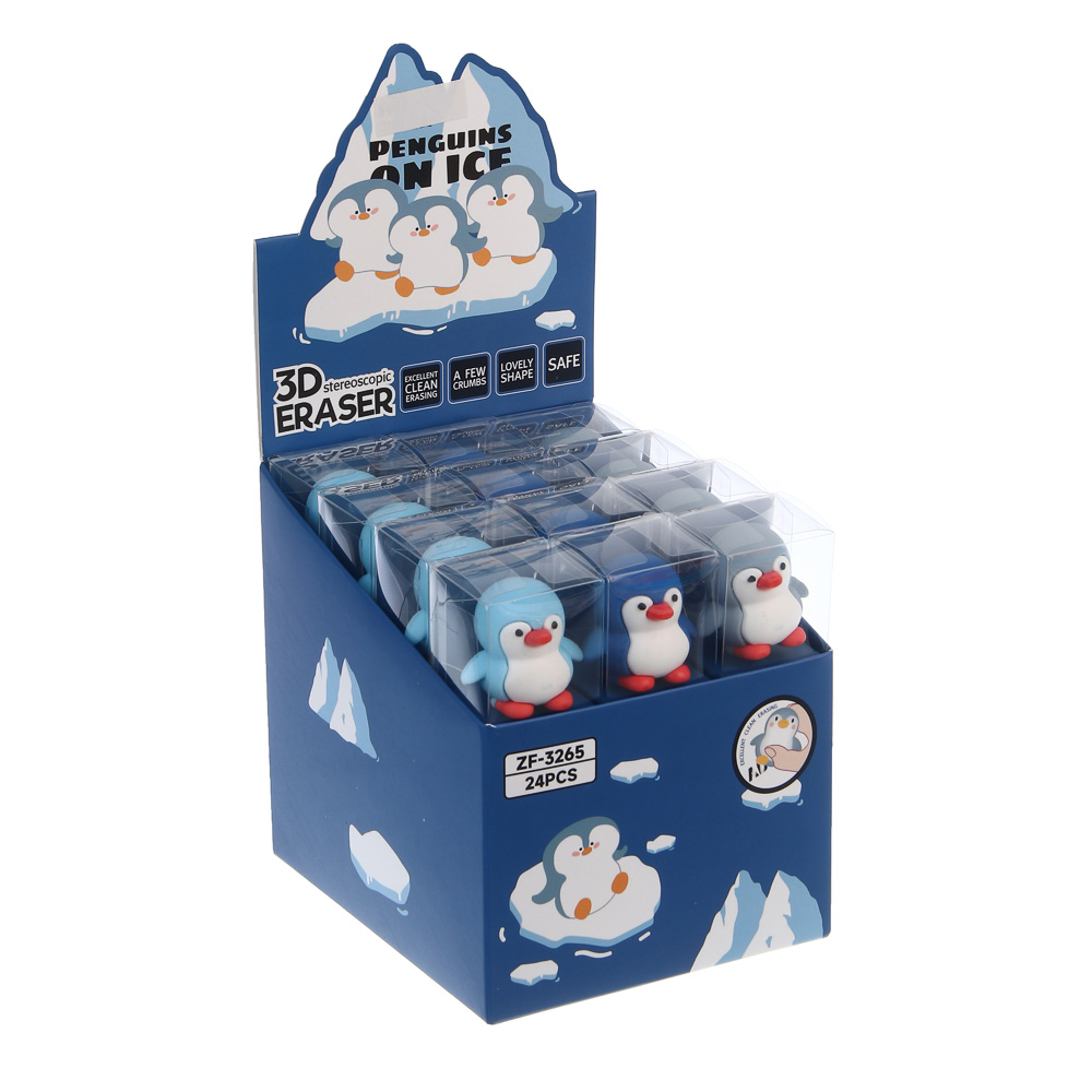 Ластик "Пингвин" в пластиковом боксе, 4х3х3,7см, ТПР, 3 вида, шоу-бокс, арт.№ 607-083