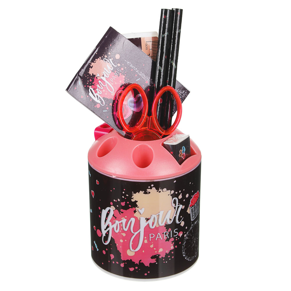 Френч Новел Набор канц.в стакане, 8предметов: линейка,2 карандаша, точилка, ластик, ножницы, блокнот, арт.№ 234-028