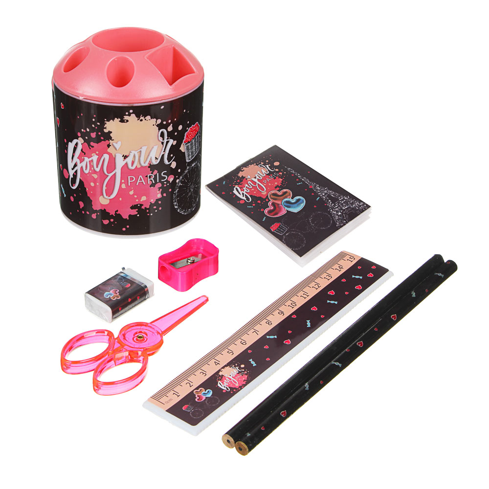 Френч Новел Набор канц.в стакане, 8предметов: линейка,2 карандаша, точилка, ластик, ножницы, блокнот, арт.№ 234-028