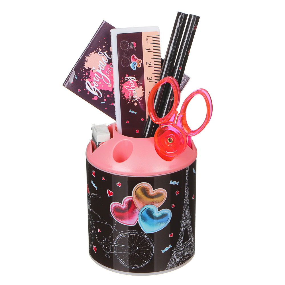 Френч Новел Набор канц.в стакане, 8предметов: линейка,2 карандаша, точилка, ластик, ножницы, блокнот, арт.№ 234-028