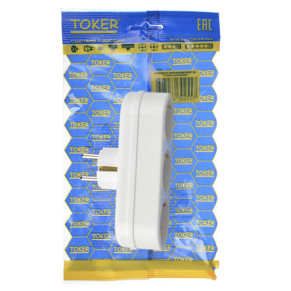 Разветвитель 3 гнезда TOKER, евро, с заземлением, 16А, 250В, белый, арт.№ 907-135