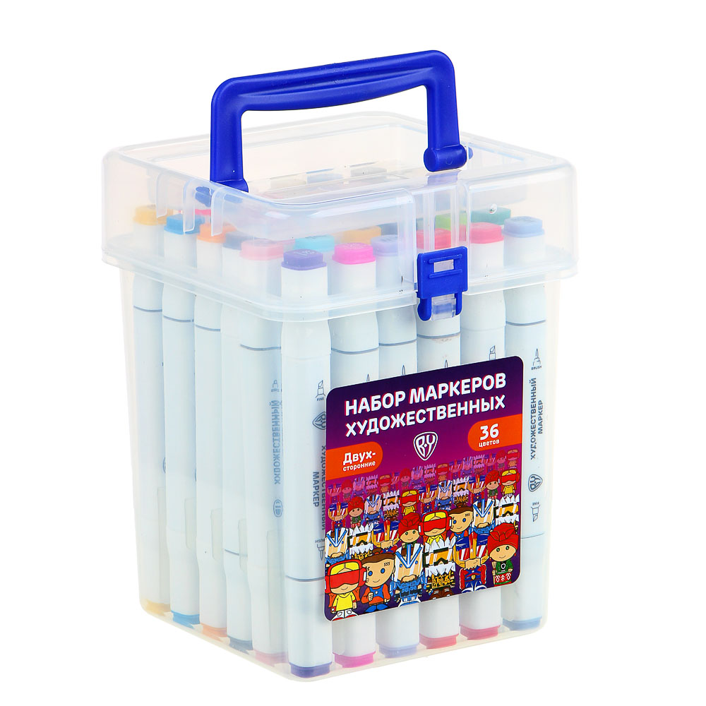BY Набор маркеров худож., 36 цветов, 2-сторонний (скошенный 6мм + круглый 2мм), в пластиковом боксе, арт.№ 613-019