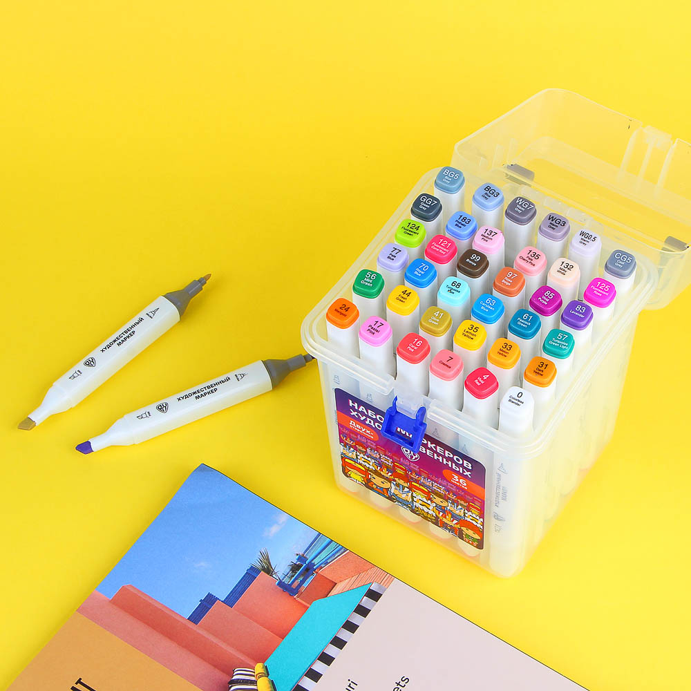 BY Набор маркеров худож., 36 цветов, 2-сторонний (скошенный 6мм + круглый 2мм), в пластиковом боксе, арт.№ 613-019