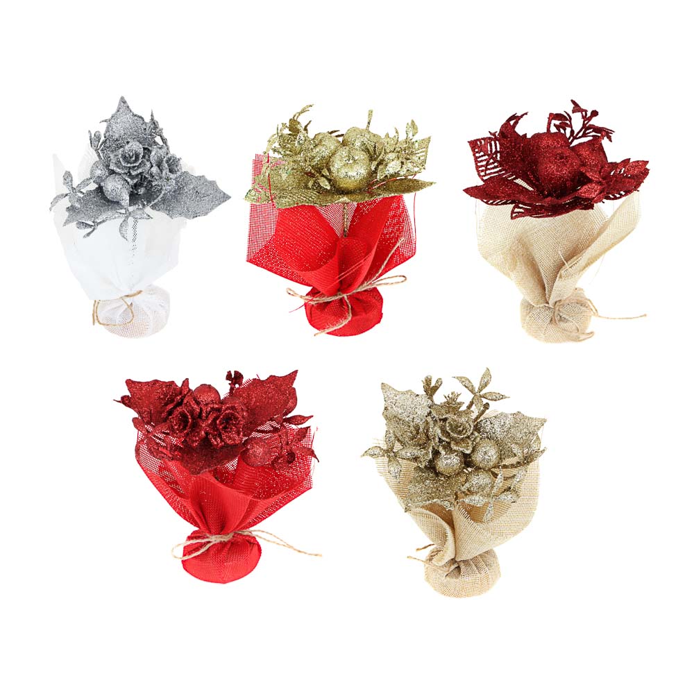 СНОУ БУМ Цветок в мешочке декоративный, глиттер, пластик, полиэстер, 15х12см, 2 дизайна, арт.№ 353-097
