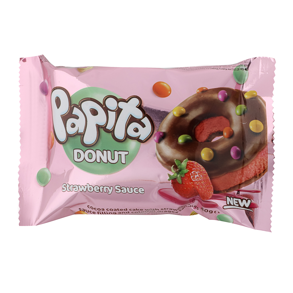 Кекс "PAPITA DONUT" с какао глазурью и цветным драже, начинка шоколад/клубника 40гр, арт.№ 209-006