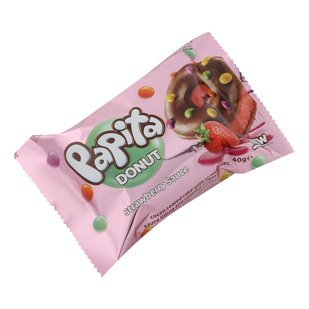 Кекс "PAPITA DONUT" с какао глазурью и цветным драже, начинка шоколад/клубника 40гр, арт.№ 209-006