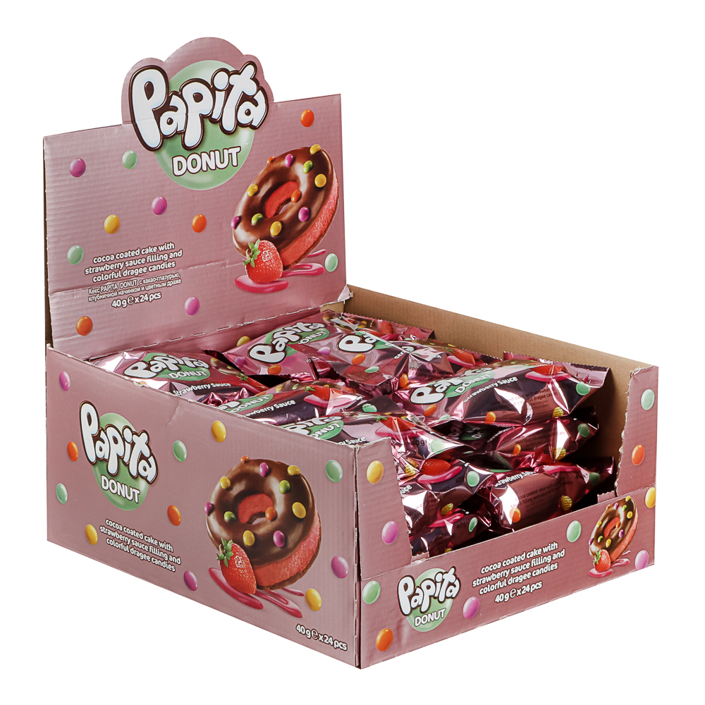 Кекс "PAPITA DONUT" с какао глазурью и цветным драже, начинка шоколад/клубника 40гр, арт.№ 209-006