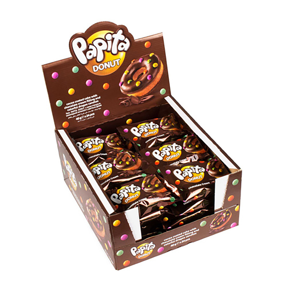 Кекс "PAPITA DONUT" с какао глазурью и цветным драже, начинка шоколад/клубника 40гр, арт.№ 209-006