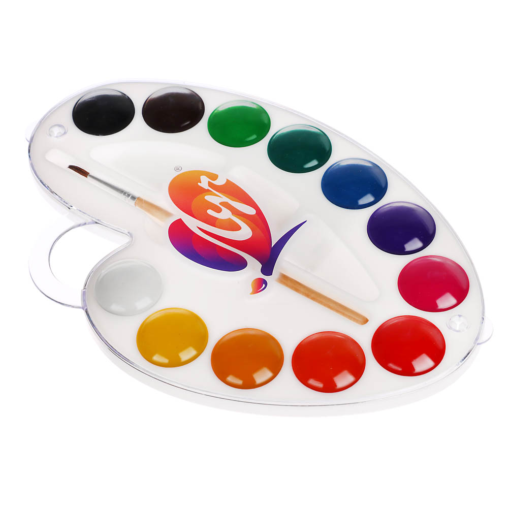 ЛУЧ Акварель медовая "Палитра", 12 цветов, с кистью, в фигурном пластиковом боксе в форме палитры, арт.№ 231-067