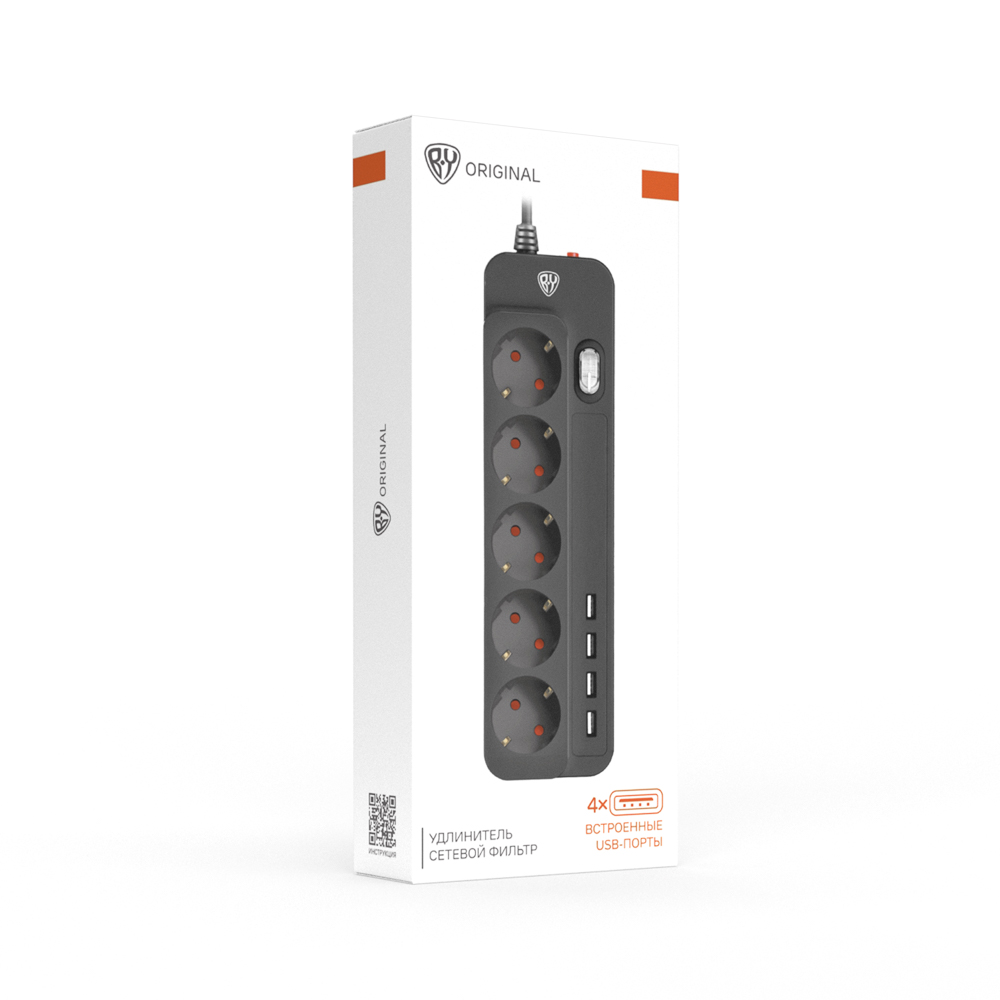 Удлинитель, сетевой фильтр 5 гнезд BY 2м, 4xUSB (3А), 0,75кв.мм,10А,2500Вт, чёрный, арт.№ 907-299