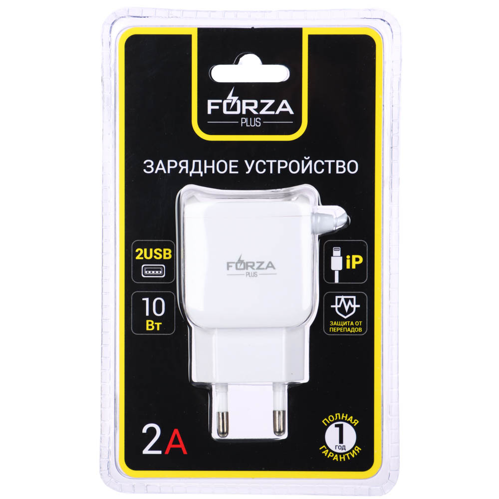 Сетевое зарядное устройство FORZA Старт, встроенный кабель, 2xUSB, 2А, 5В, Белый, арт.№ 916-065