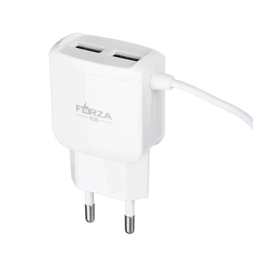 Сетевое зарядное устройство FORZA Старт, встроенный кабель, 2xUSB, 2А, 5В, Белый, арт.№ 916-065