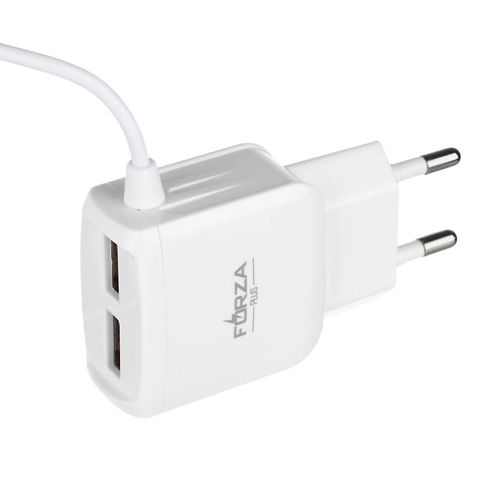 Сетевое зарядное устройство FORZA Старт, встроенный кабель, 2xUSB, 2А, 5В, Белый, арт.№ 916-065