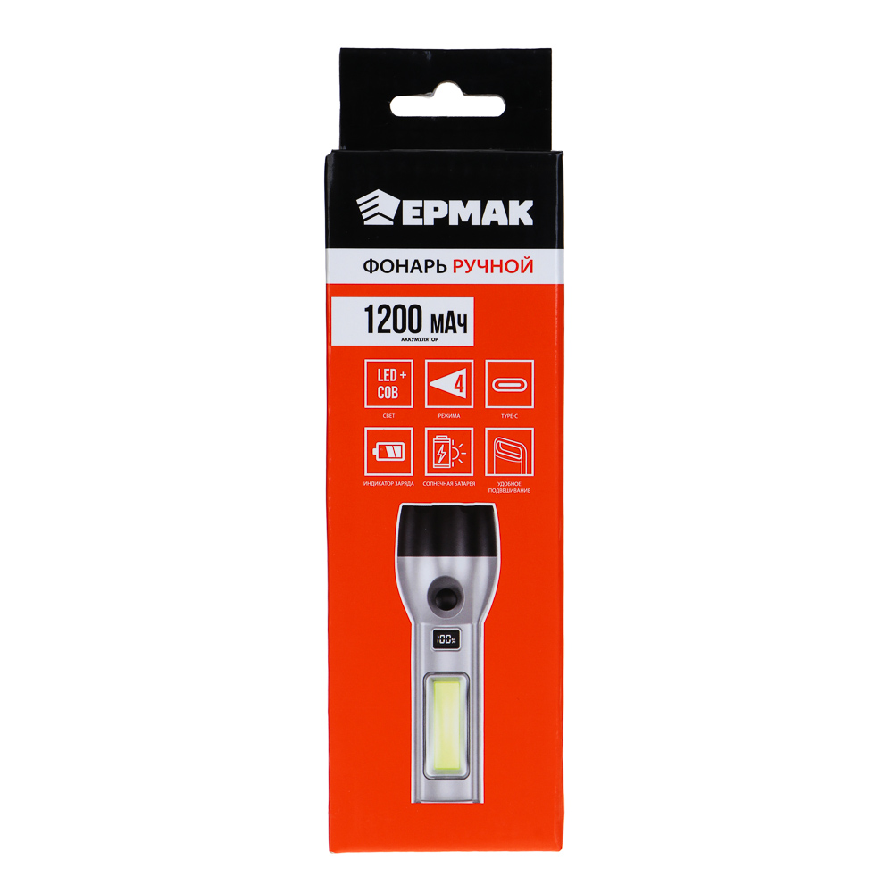 Фонарь ручной тм ЕРМАК, 1200 мАч, 175х52х30 мм, 4 режима, LED+СОВ, Type-C, пластик, арт.№ 224-083
