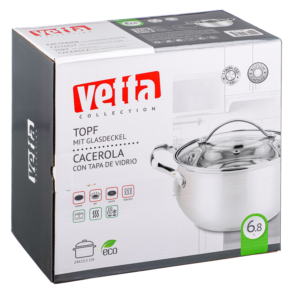 VETTA Женева Кастрюля 24х13,5см. 6,8л. со стекл. крышкой, индукция, арт.№ 822-086