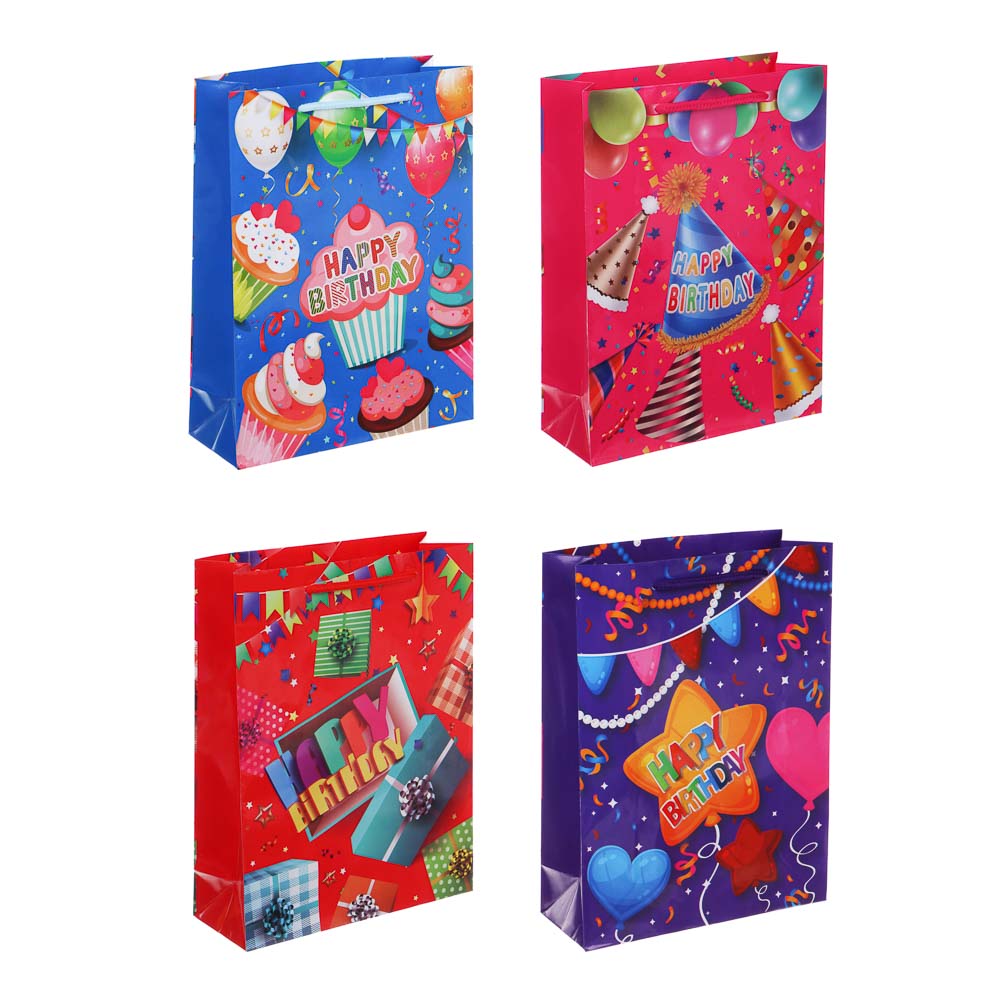 Пакет подарочный бумажный тм LADECOR, M 18x24x7 см, 4 дизайна, С Днем Рождения, арт.№ 507-132