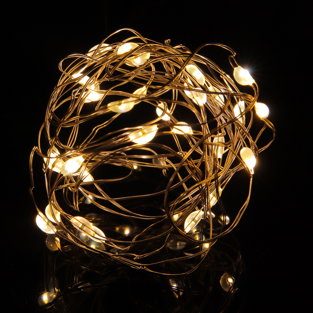 Гирлянда нить росы 3 м СНОУ БУМ, 30 LED ламп, постоянное свечение шампань, проволока серебряный цвет, 2xCR2032, арт.№ 384-333