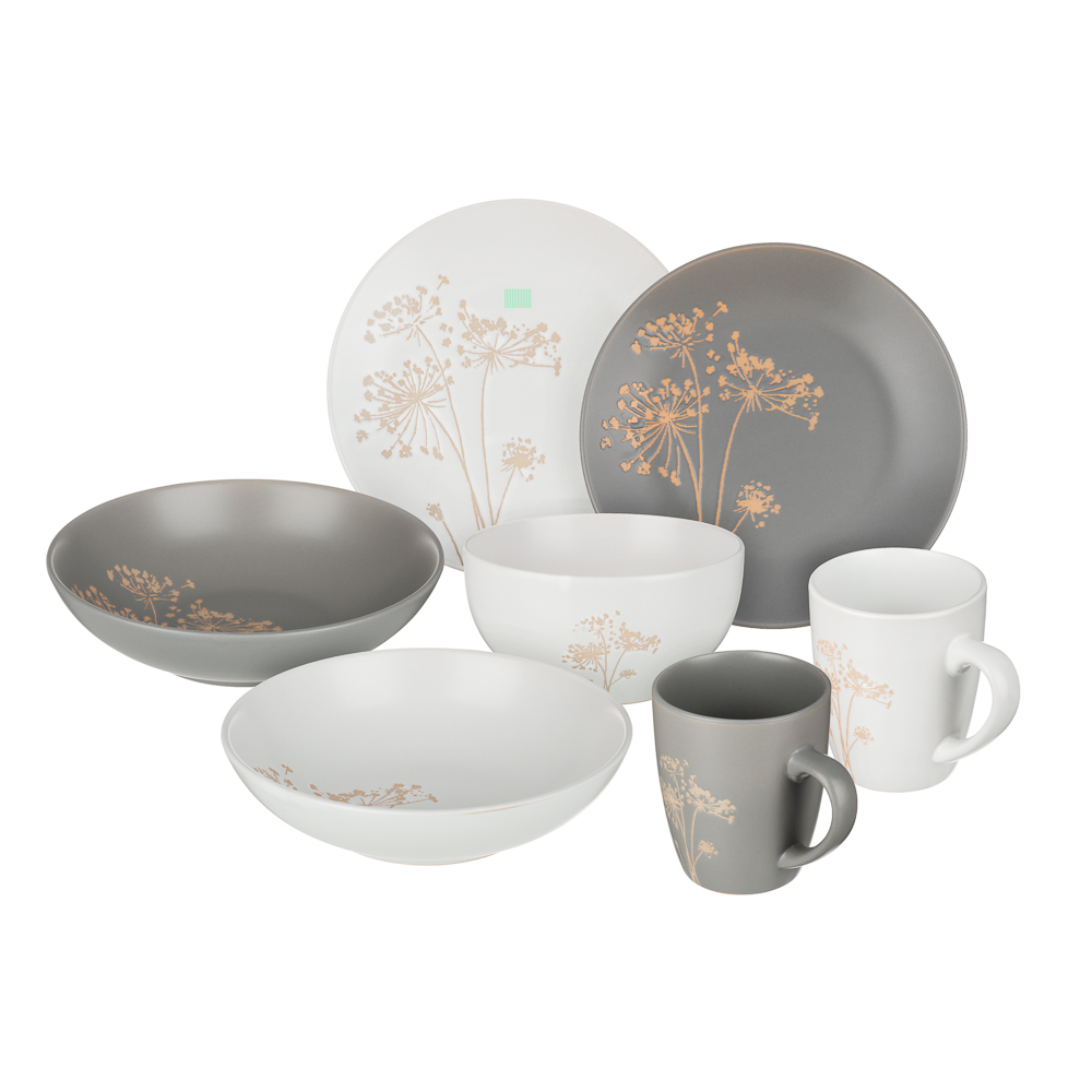 Набор посуды 12 пр. тм MILLIMI (тар19,5см*4, 20см*2, салатн14см*2, кружка340мл*4) керамика,сер.,бел., арт.№ 824-271