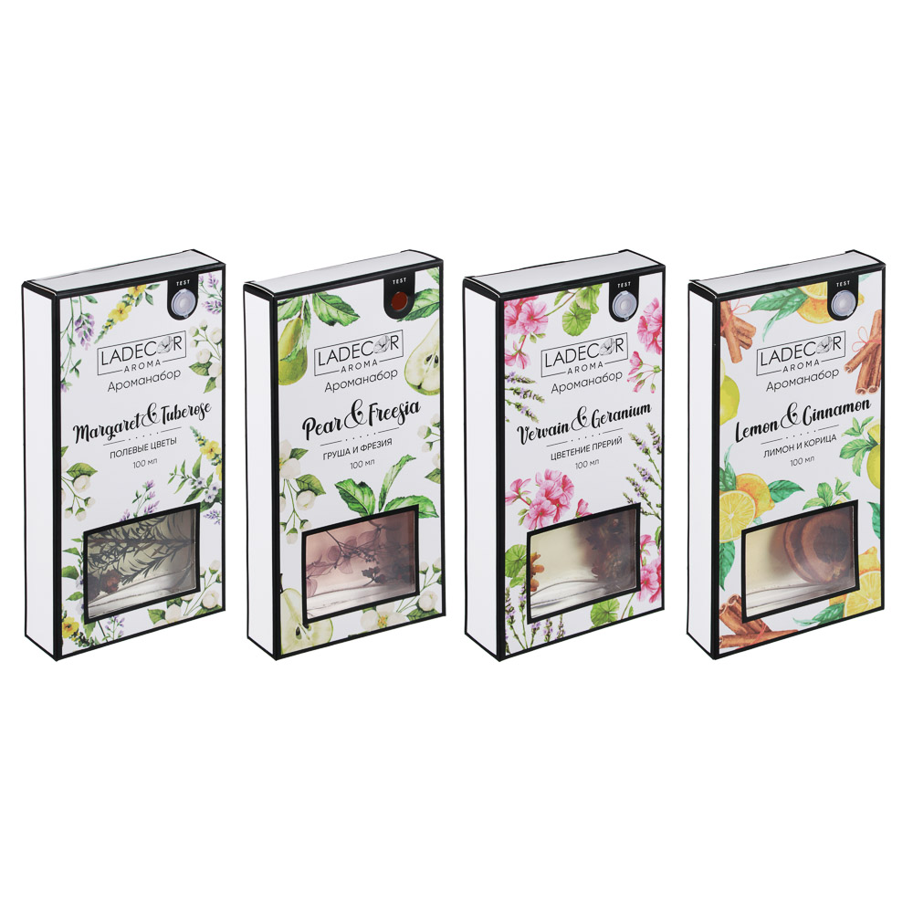 LADECOR Аромадиффузор с палочками и декором,  с тестером, 100мл, 4 аромата, арт.№ 412-065