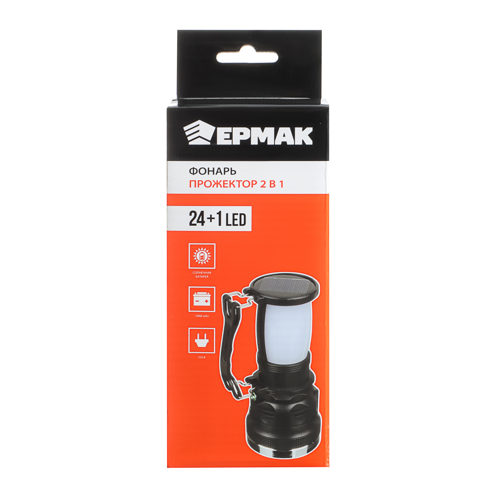 Фонарь прожектор 2-в-1 тм ЕРМАК, аккумуляторный, 24 SMD + 1 Вт LED, шнур 220В, пластик, 17,5x7,5 см, арт.№ 198-091