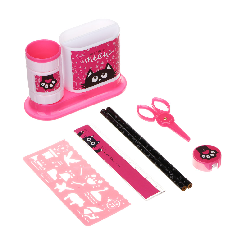 МИЛЫЙ КОТИК Органайзер канц. 4 отд., 7 пр.:(ножн., 2 кар., точилка, трафарет, линейка, подст.), пл., арт.№ 234-050