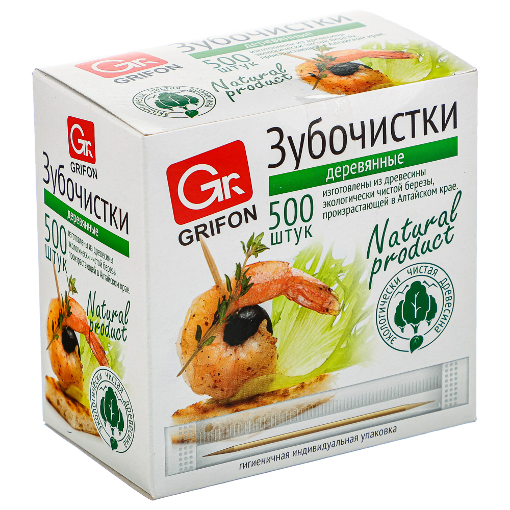 GRIFON Зубочистки из дерева 500шт, в индивидуальной п/э упаковке, 400-512, арт.№ 437-166
