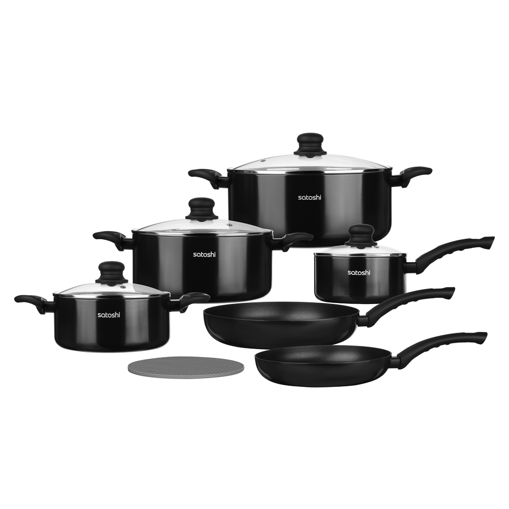 Набор посуды 11 предметов SATOSHI Графит, кастрюли 20 см, 24 см, 28 см (2,8 л, 4,6 л, 7 л), ковш 16 см (1,6 л), сковороды 24 см, 28 см, индукция, арт.№ 846-748